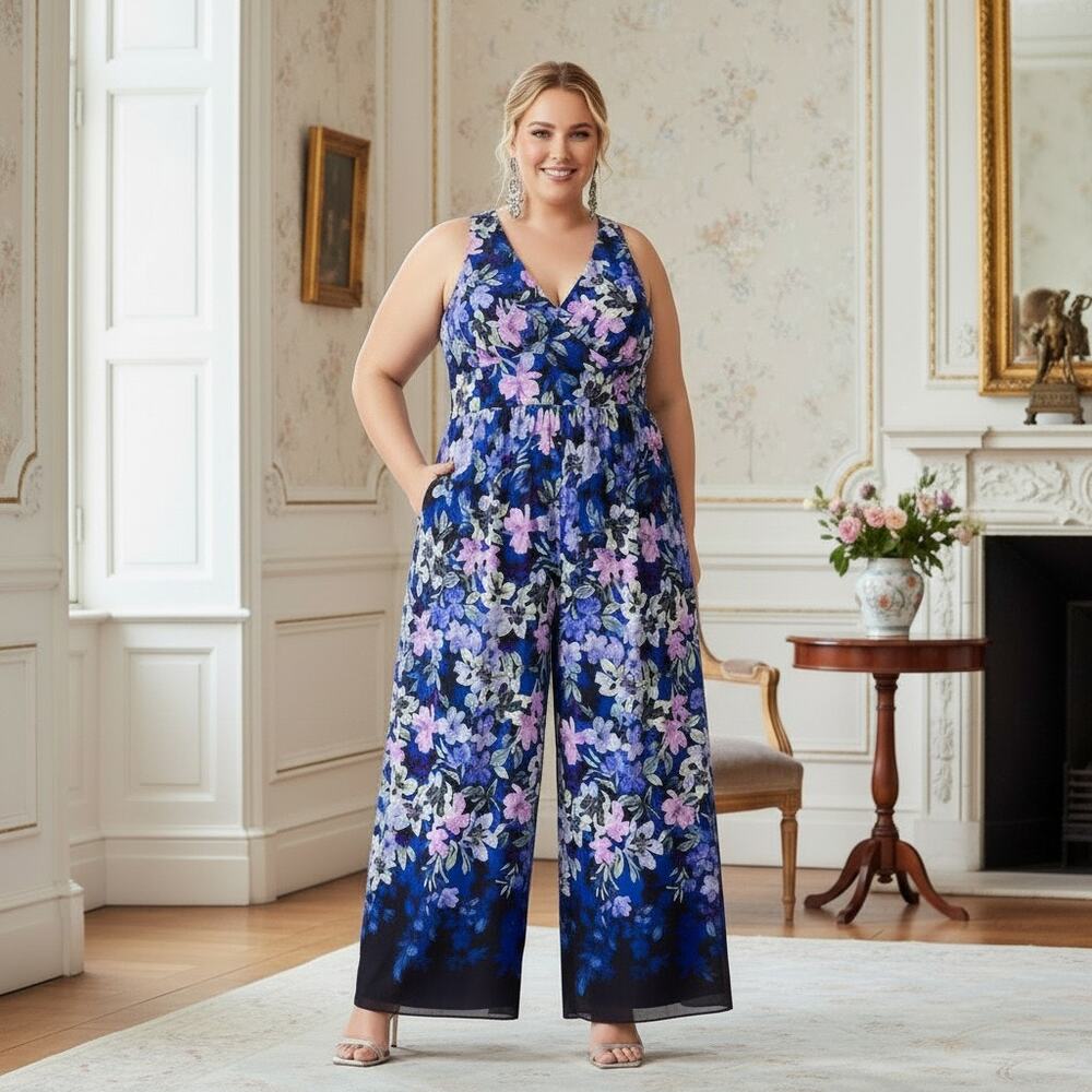 Betsy & Adam Blue Floral Print Wide‑Leg Jumpsuit • Size 16W • NWT • Zip Back